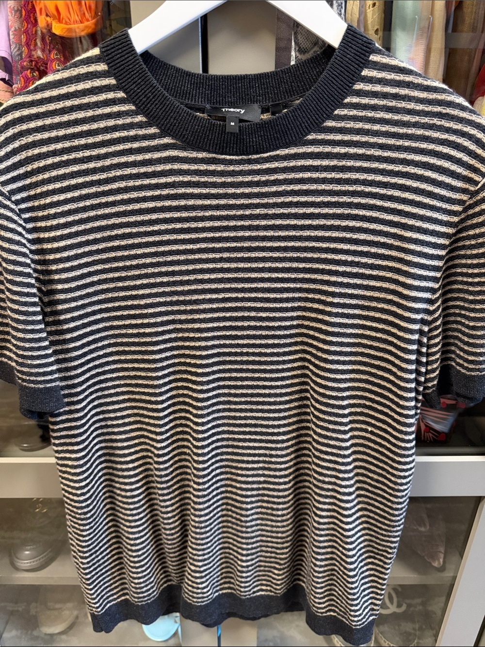 Theory Black and White Striped Short-Sleeve Knit Tee